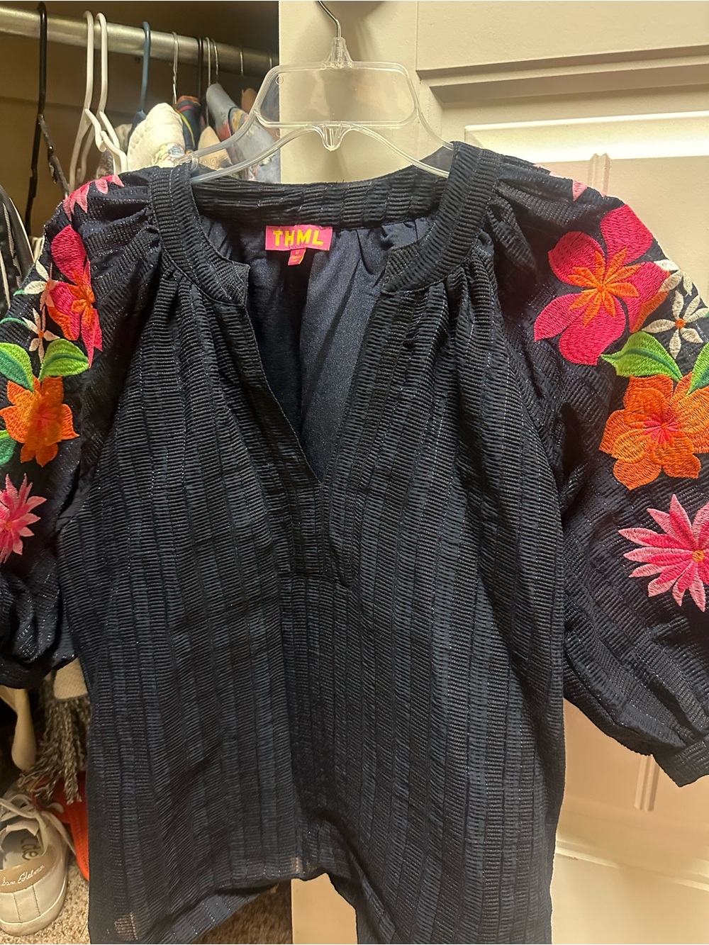 THML Navy Embroidered Floral Sleeve Top